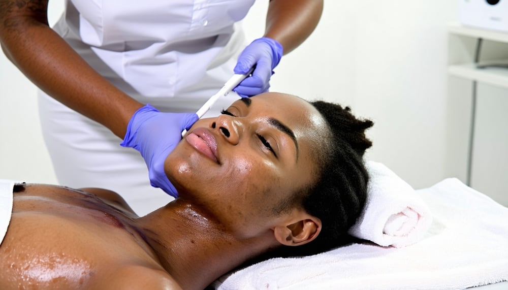 Profissional realizando tratamento estético em paciente de pele negra Profissional realizando tratamento estético em paciente de pele negra